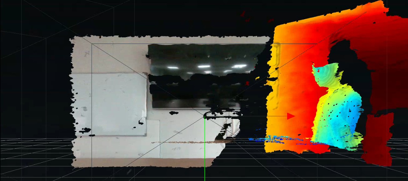 One camera switched to depth-color mid-scene — the same fused point cloud, occlusion boundaries now visible at a glance