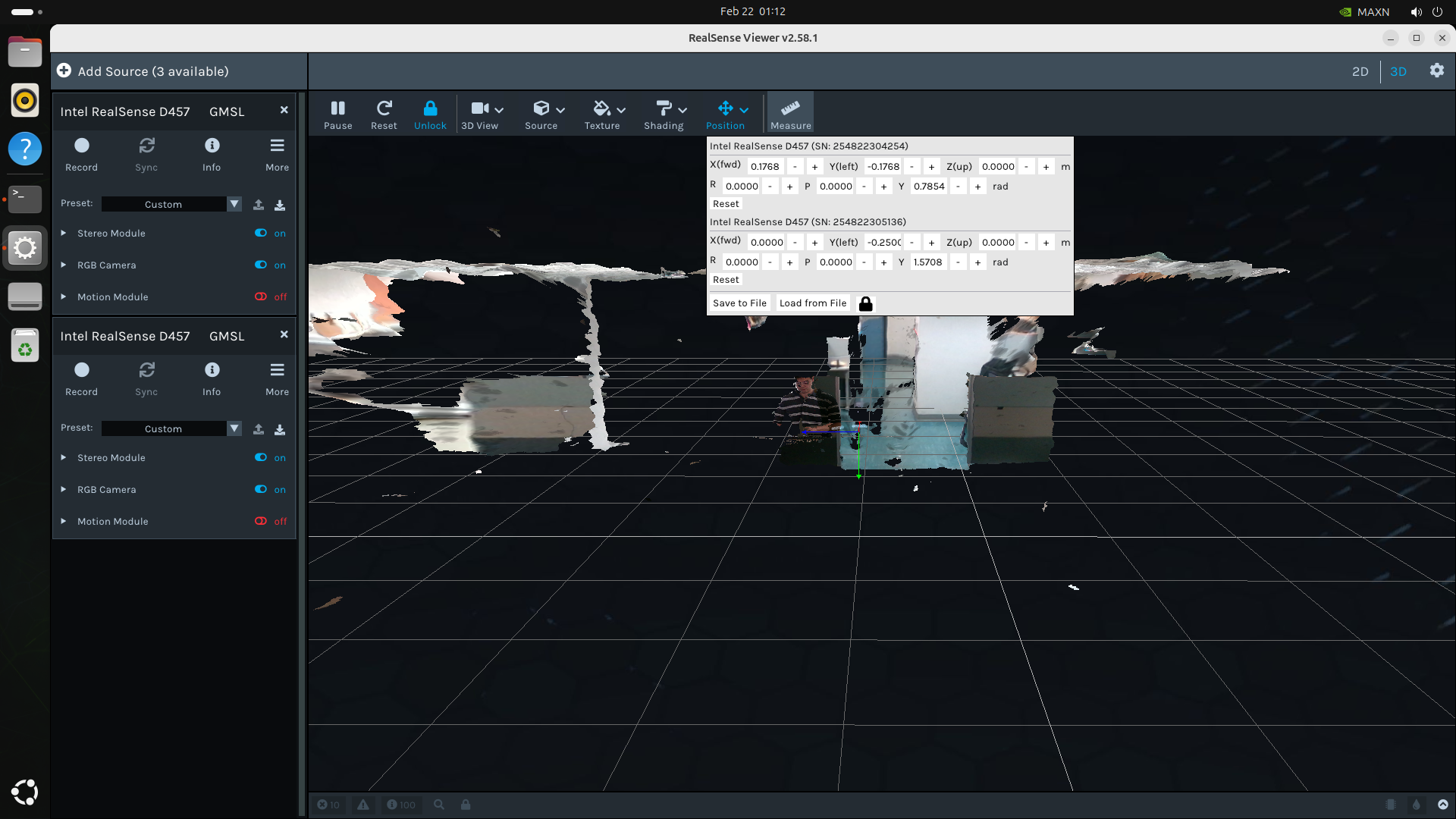 The viewer's Position panel — X, Y, Z, roll, pitch, yaw per camera, adjusted with plus/minus fields, no config files or scripts involved